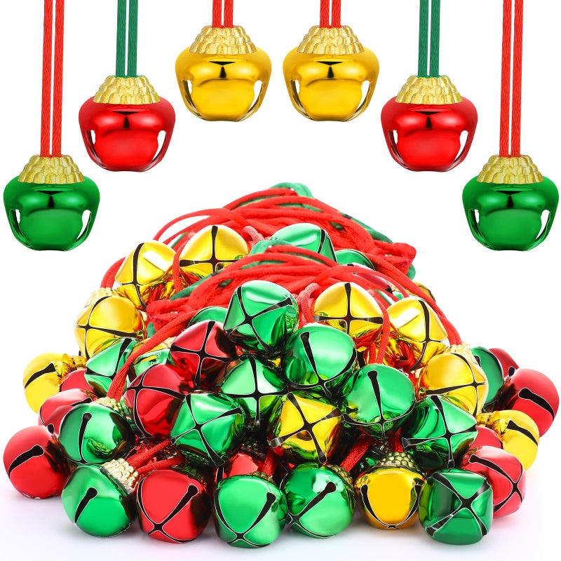 Sumind 72 Pieces Christmas Bell Necklaces Christmas Holiday Gold Green Red Xmas Jingle Necklaces Bell with Ribbons for Craft Gift Supplies Stocking Stuffers Accessories - Image 2