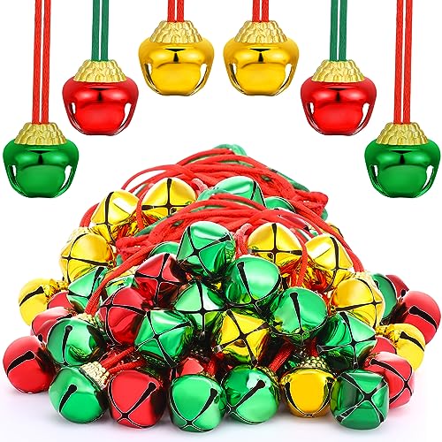 Sumind 72 Pieces Christmas Bell Necklaces Christmas Holiday Gold Green Red Xmas Jingle Necklaces Bell with Ribbons for Craft Gift Supplies Stocking Stuffers Accessories - Image 1