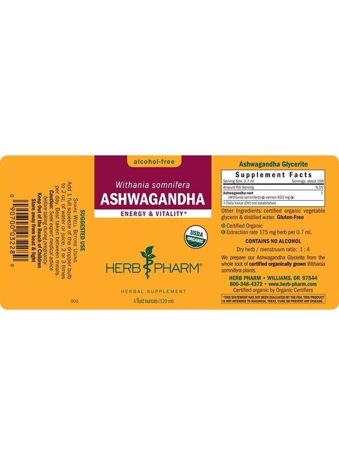HERB PHARM Certified Organic Ashwagandha Extract Drops for Traditional Support for Energy and Vitality, Alcohol-Free Glycerite, 4 Oz  - Image 2