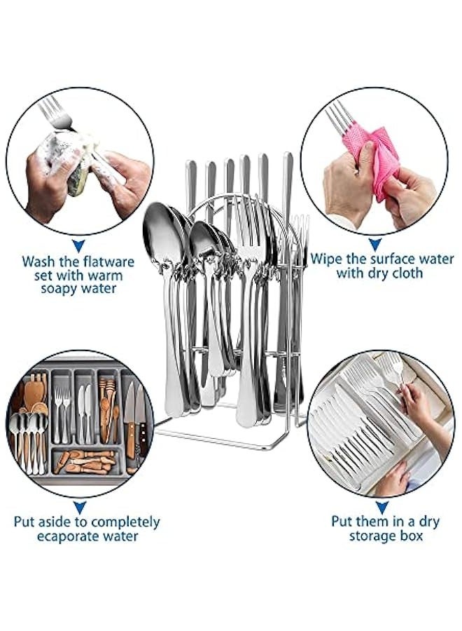 بيوينتي طقم ادوات مائدة من 24 قطعة مع حامل تثبيت من اويالا، طقم ادوات مائدة من الستانلس ستيل بما في ذلك سكين شرائح اللحم / شوكة / ملعقة (فضي) - Image 3