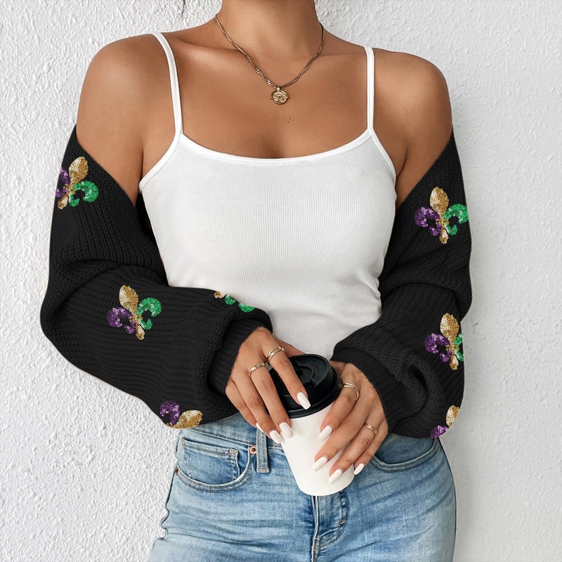 Durio Bolero Shrug Mardi Gras Cardigan for Women Cropped Womens Sweater Tops Y2K Long Sleeve Cropped Open Front Top Womens Gifts Large - Image 2