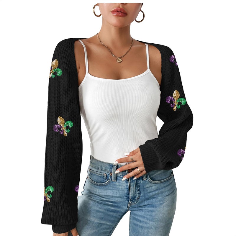 Durio Bolero Shrug Mardi Gras Cardigan for Women Cropped Womens Sweater Tops Y2K Long Sleeve Cropped Open Front Top Womens Gifts Large - Image 1