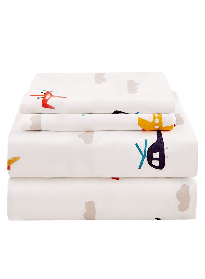 JSD JSD Kids Airplane Printed Sheet Set Full Size, 4 Piece Soft Microfiber Pattern Bed Sheets for Boys Deep Pocket  - Image 1