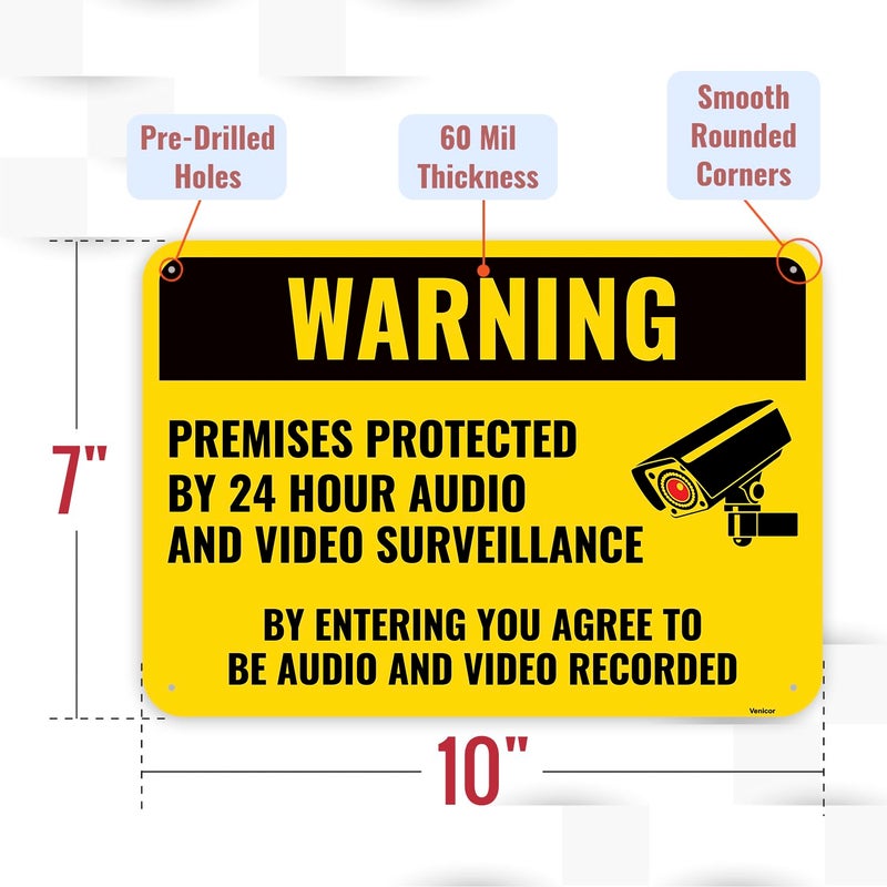 Venicor 1PC Warning Video and Audio Surveillance Recording Sign, 10 x 7 Inches - Aluminum - You are Being Recorded Camera In Use Monitoring Signs - Image 2