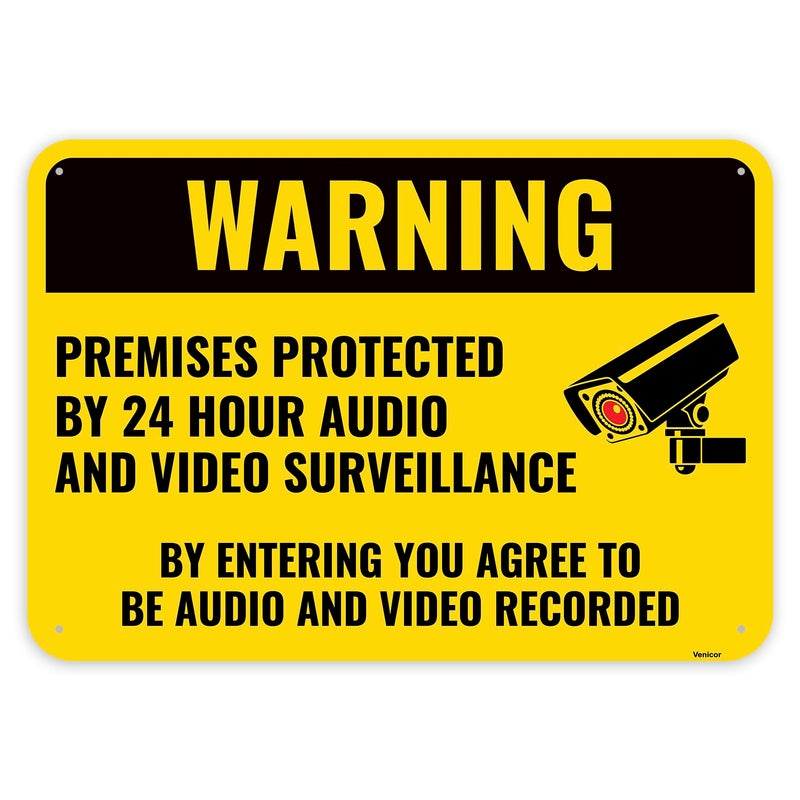 Venicor 1PC Warning Video and Audio Surveillance Recording Sign, 10 x 7 Inches - Aluminum - You are Being Recorded Camera In Use Monitoring Signs - Image 1