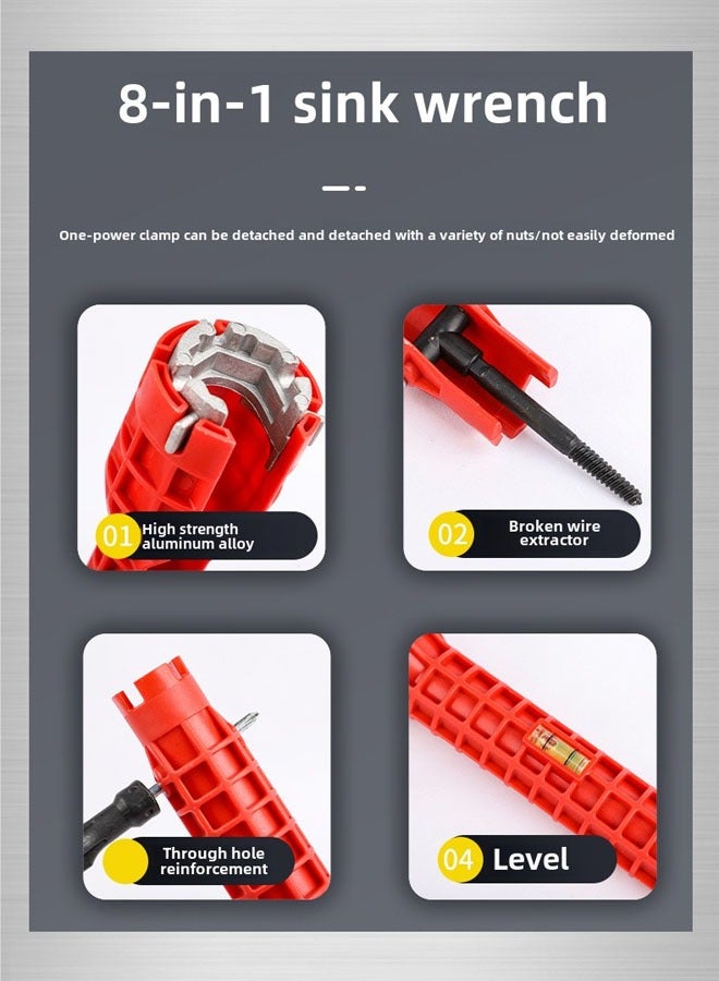 BASIN 8-in-1 Multifunctional Sink Wrench, Faucet and Pipe Installation Tool, Multifunctional Wrench,Faucet And Sink Installer Red Multifunctional Wrench Plumbing Tool Plumbing Repair Installation Hand Tools Change Faucet Tool,Plumbing Repair Wrench for Toilet/Sink/Bathroom/Kitchen Pipe Installation and Maintenance(Red) - Image 4