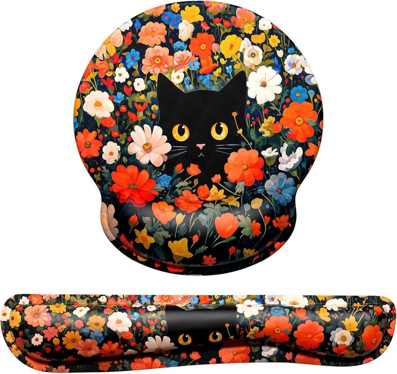 Dapesuom Keyboard Wrist Rest and Mouse Pad with Wrist Support, Cute Memory Foam Cushion for Keyboard and Mouse Set, Desktop Pad Rests with Non Slip Base for Easy Typing & Pain Relief, Cat Flower Bush - Image 1