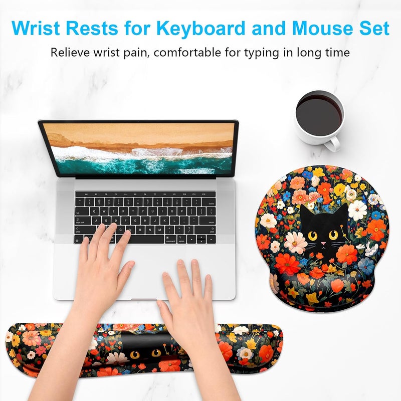 Dapesuom Keyboard Wrist Rest and Mouse Pad with Wrist Support, Cute Memory Foam Cushion for Keyboard and Mouse Set, Desktop Pad Rests with Non Slip Base for Easy Typing & Pain Relief, Cat Flower Bush - Image 2