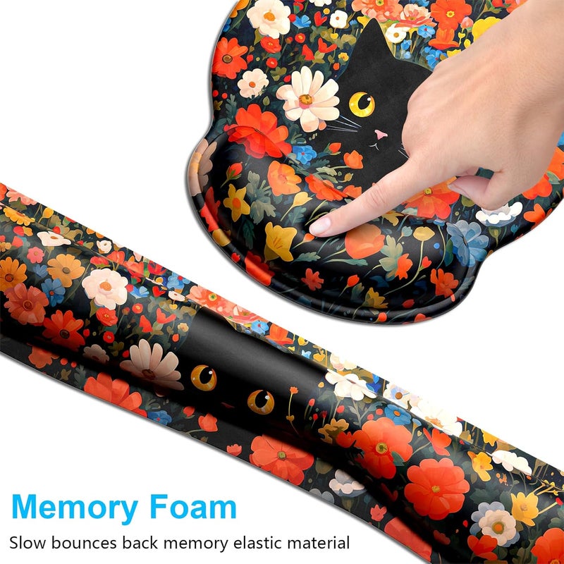 Dapesuom Keyboard Wrist Rest and Mouse Pad with Wrist Support, Cute Memory Foam Cushion for Keyboard and Mouse Set, Desktop Pad Rests with Non Slip Base for Easy Typing & Pain Relief, Cat Flower Bush - Image 3