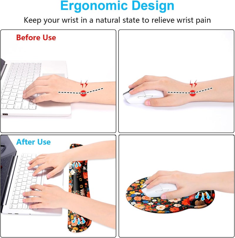 Dapesuom Keyboard Wrist Rest and Mouse Pad with Wrist Support, Cute Memory Foam Cushion for Keyboard and Mouse Set, Desktop Pad Rests with Non Slip Base for Easy Typing & Pain Relief, Cat Flower Bush - Image 4