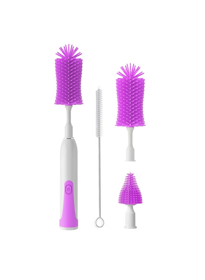SYOSI Electric Baby Bottle Brush, Silicone Baby Bottle Brush Set, Rechargeable Cordless Nipple Brush Cleaner, Portable Baby Bottle Brush Kit for Cleaning Bottle, Nipple and Straw (Purple) - Image 1