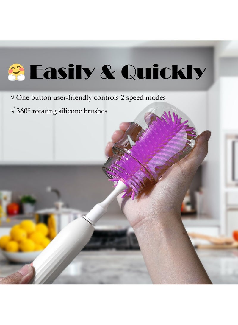 SYOSI Electric Baby Bottle Brush, Silicone Baby Bottle Brush Set, Rechargeable Cordless Nipple Brush Cleaner, Portable Baby Bottle Brush Kit for Cleaning Bottle, Nipple and Straw (Purple) - Image 2
