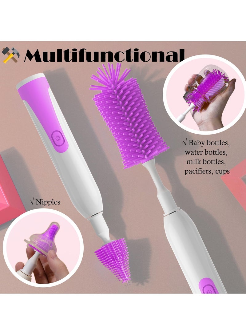 SYOSI Electric Baby Bottle Brush, Silicone Baby Bottle Brush Set, Rechargeable Cordless Nipple Brush Cleaner, Portable Baby Bottle Brush Kit for Cleaning Bottle, Nipple and Straw (Purple) - Image 3