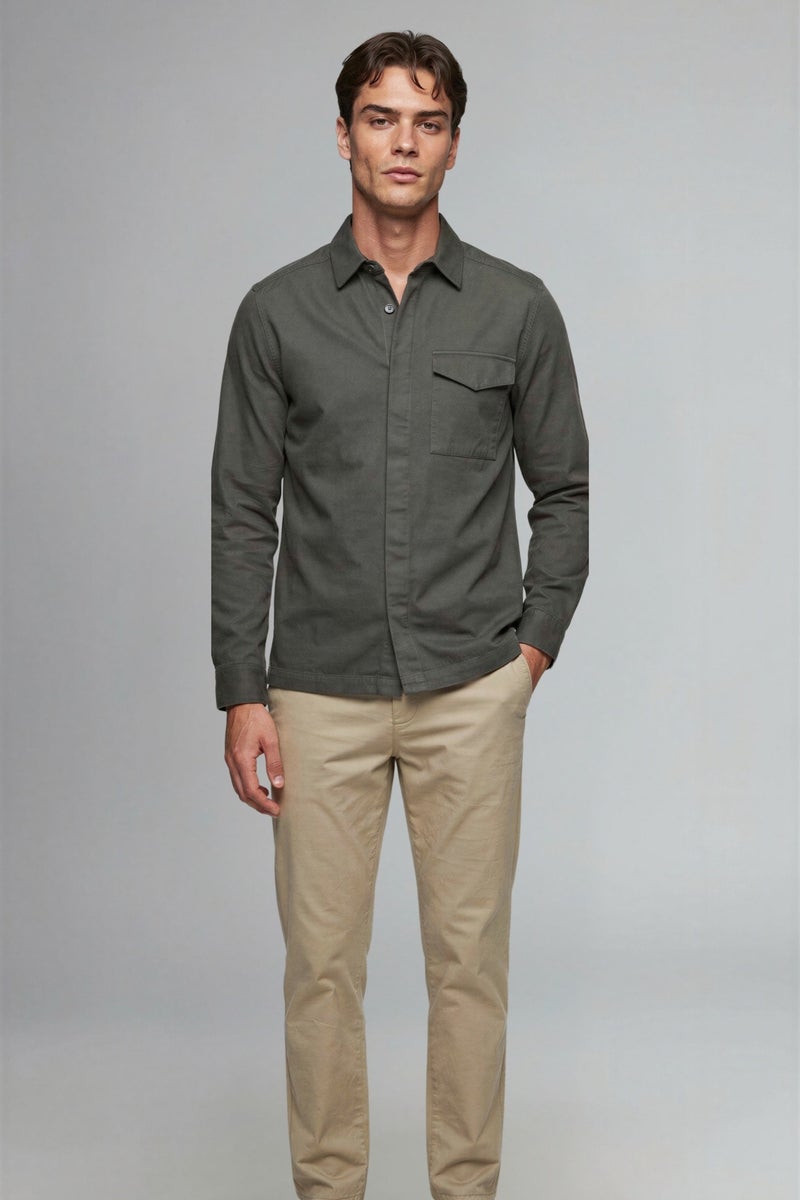 DeFacto Brown Man Boxy Fit Polo Collar Twill Overshirt Casual - Image 1