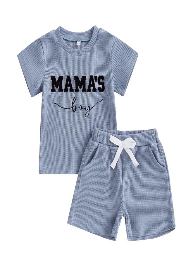 FOCUSNORM Toddler Baby Boy Summer Clothes Embroidered Waffle Short Sleeve T-Shirts Elastic Shorts Newborn Infant Boy Outfits (Mamas Boy Blue, 0-6 Months) - Image 1