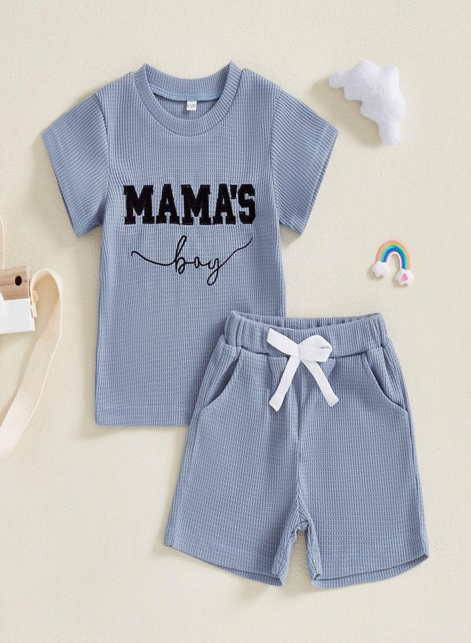 FOCUSNORM Toddler Baby Boy Summer Clothes Embroidered Waffle Short Sleeve T-Shirts Elastic Shorts Newborn Infant Boy Outfits (Mamas Boy Blue, 0-6 Months) - Image 5