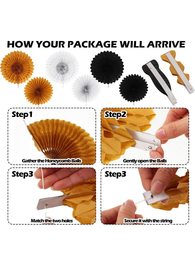 Raiten 18 Pcs 2025 Happy New Year's Eve Party Decorations Kit New Year Hanging Paper Lanterns Black Gold White Hanging Paper Fans Top Hat Wine Glass Hanging Honeycomb Ball for Party Favor - Image 4
