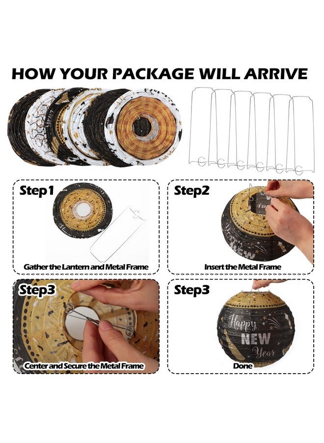 Raiten 18 Pcs 2025 Happy New Year's Eve Party Decorations Kit New Year Hanging Paper Lanterns Black Gold White Hanging Paper Fans Top Hat Wine Glass Hanging Honeycomb Ball for Party Favor - Image 3