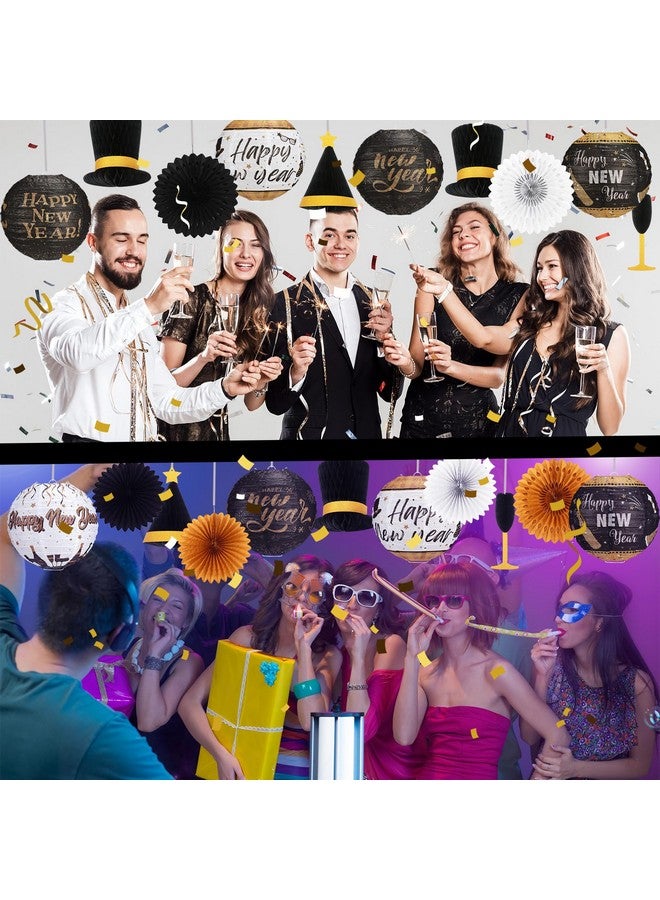 Raiten 18 Pcs 2025 Happy New Year's Eve Party Decorations Kit New Year Hanging Paper Lanterns Black Gold White Hanging Paper Fans Top Hat Wine Glass Hanging Honeycomb Ball for Party Favor - Image 5