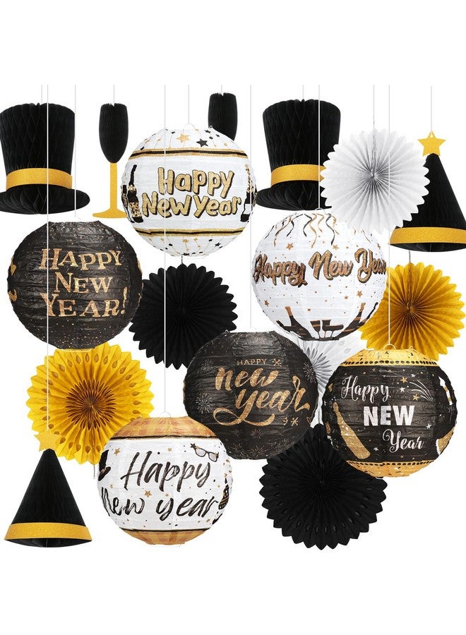 Raiten 18 Pcs 2025 Happy New Year's Eve Party Decorations Kit New Year Hanging Paper Lanterns Black Gold White Hanging Paper Fans Top Hat Wine Glass Hanging Honeycomb Ball for Party Favor - Image 1