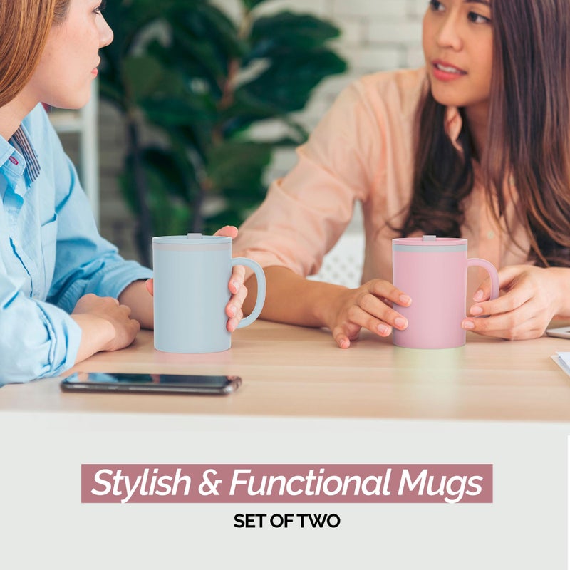 Copco Iconic 16oz Double Wall Insulated Desk Mug with Lid and Handle, Set of 2, BPA-Free Reusable Plastic, Spill-Proof, Microwave & Dishwasher Safe, Wide Mouth, Cup Holder Friendly (Light Blue/Pink) - Image 2