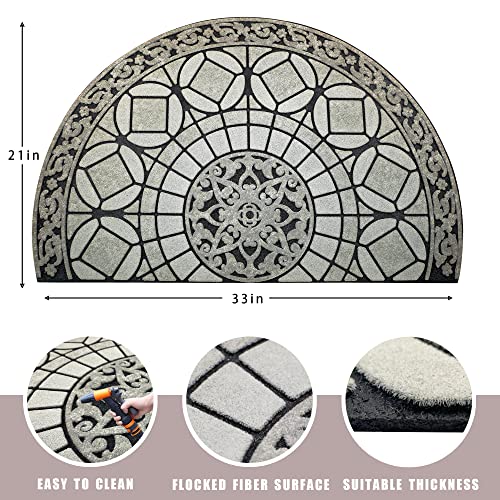 MANO حصيرة باب المدخل الخارجية مانوا، حصيرة ثقيلة نصف دائرية للمدخل الخارجي، حصيرة ترحيب للداخلية نصف دائرية مع قاعدة مطاطية غير قابلة للانزلاق (21" × 33"، رمادي فاتح Navy) - Image 2