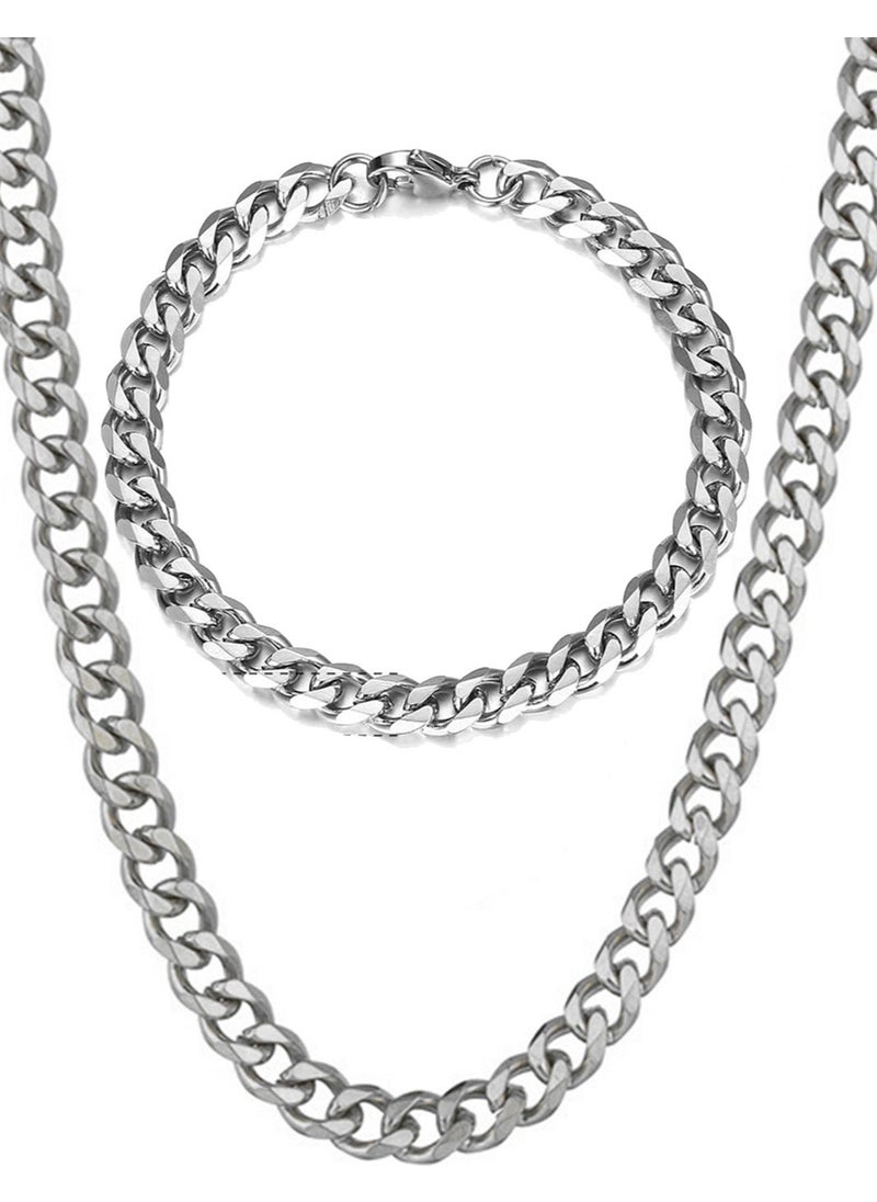 Takı Dükkanı Jewelry Shop Cuban Gurmet Men's Steel Chain Necklace and Bracelet Set ECK29S  - Image 1