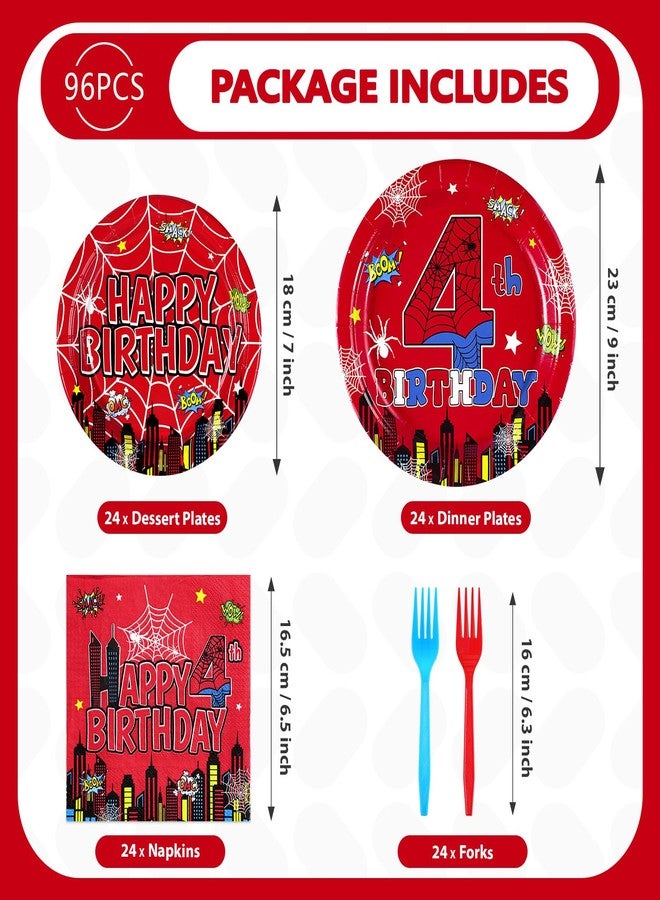 Grencian 96Pcs Spider 4th Birthday Party Supplies Red Blue Spider 4th Birthday Plates Disposable Cartoon Super Theme Hero Paper Tableware Set for Boys Kids Spider 4 Year Old Party Decorations Serve 24 - Image 2