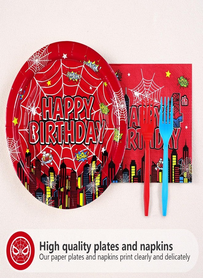Grencian 96Pcs Spider 4th Birthday Party Supplies Red Blue Spider 4th Birthday Plates Disposable Cartoon Super Theme Hero Paper Tableware Set for Boys Kids Spider 4 Year Old Party Decorations Serve 24 - Image 3