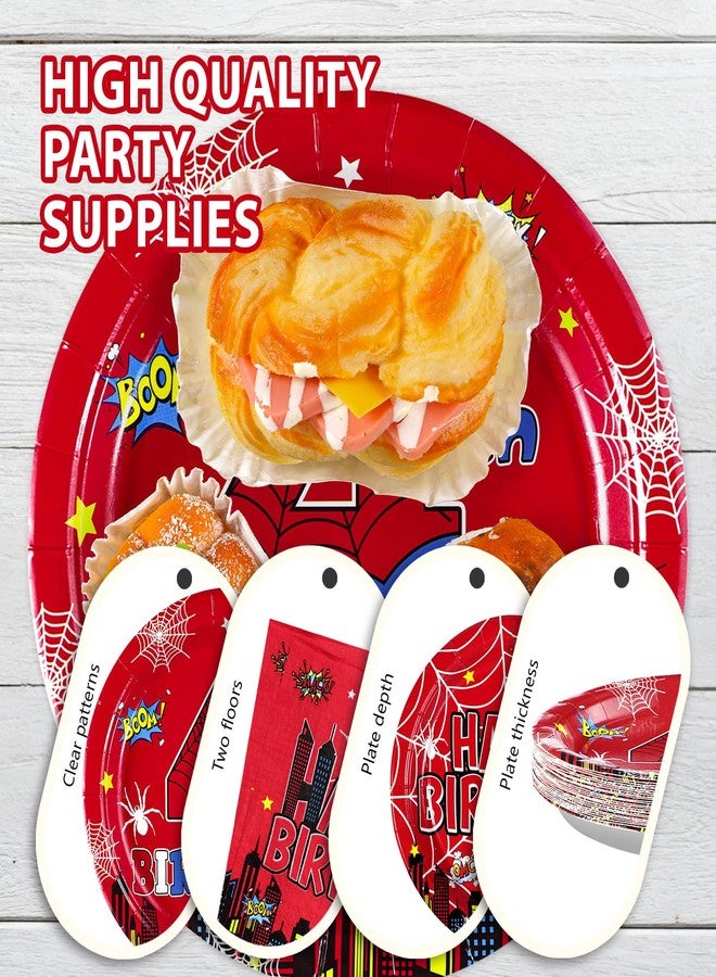Grencian 96Pcs Spider 4th Birthday Party Supplies Red Blue Spider 4th Birthday Plates Disposable Cartoon Super Theme Hero Paper Tableware Set for Boys Kids Spider 4 Year Old Party Decorations Serve 24 - Image 5