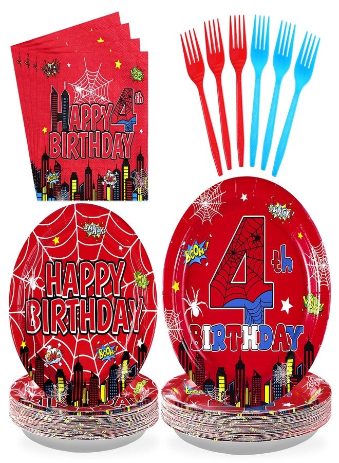 Grencian 96Pcs Spider 4th Birthday Party Supplies Red Blue Spider 4th Birthday Plates Disposable Cartoon Super Theme Hero Paper Tableware Set for Boys Kids Spider 4 Year Old Party Decorations Serve 24 - Image 1