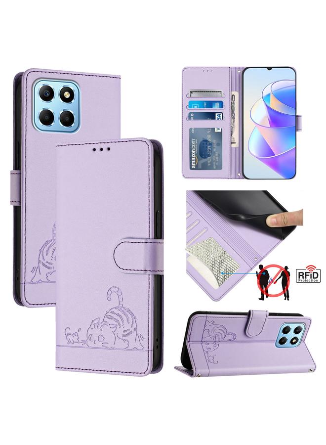 اس-توب جراب لهاتف Honor 70 Lite 5G Global/X6s 4G Global، جراب هاتف من الجلد بنقشة قطة وفأر بتقنية RFID مع حبل تعليق - Image 1