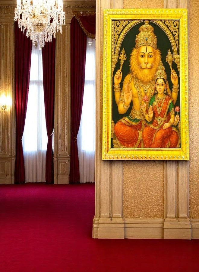 Indianstore4all Lakshmi Narasimha Swamy/Narsimha ji Photo Frame Wall Painting For Home Decoration And Gifting (Wood,Matte,Gold,Small Size,10 x 13 Inch) Bhaghwan photo frame R67R - Image 1