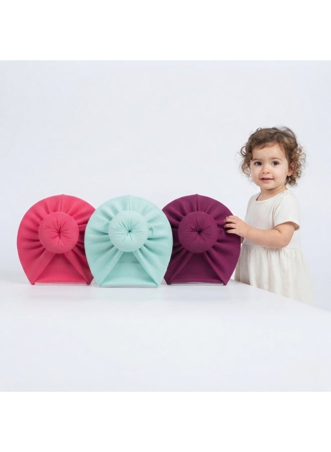 3-Piece Cotton Baby Turban Set with Elegant Knot Design Assorted Colors - Image 1