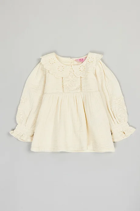 R&b Embroidered Top with Peter Pan Collar and Puff Sleeves