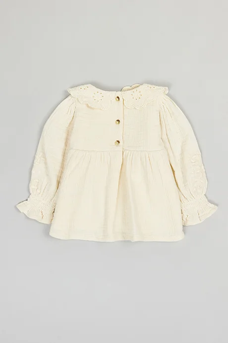 R&b Embroidered Top with Peter Pan Collar and Puff Sleeves