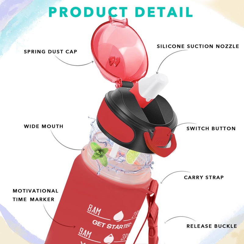 Enerbone 32 oz Drinking Water Bottle with Times to Drink and Straw  Motivational with Carrying Strap  Leakproof BPA & Toxic Free  Ensure You Drink Enough Water for Fitness Gym Outdoor - Image 2