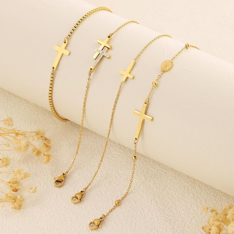 BAYLAY Cross Bracelet for Women - 18K Gold/White Plated Dainty Thin Chain Pearl Double Cross Jewelry - Bridesmaid Gifts - Image 5