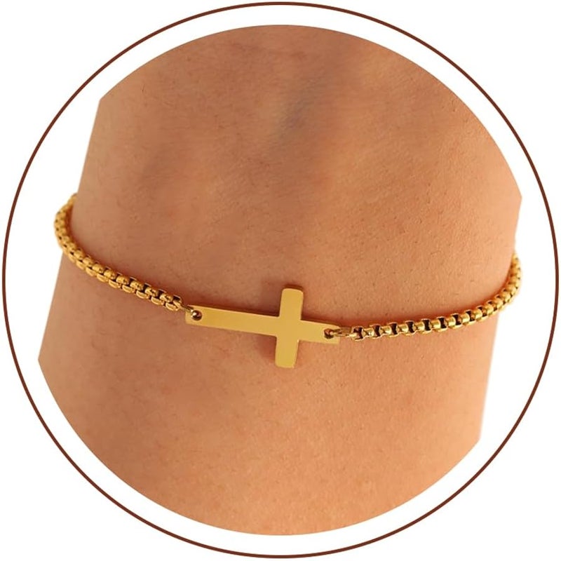 BAYLAY Cross Bracelet for Women - 18K Gold/White Plated Dainty Thin Chain Pearl Double Cross Jewelry - Bridesmaid Gifts - Image 1