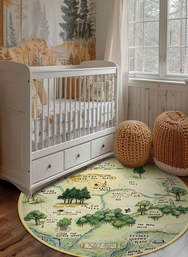 Estmy 4ft Cute Woodland Nursery Rugs for Girls Boys Neutral Non Slip Washable, Thin Pile Soft Cartoon Fun Map Round Kids Playroom Rug, Vintage Whimsical Retro Area Rugs Circle Carpet for Kids Bedroom - Image 2