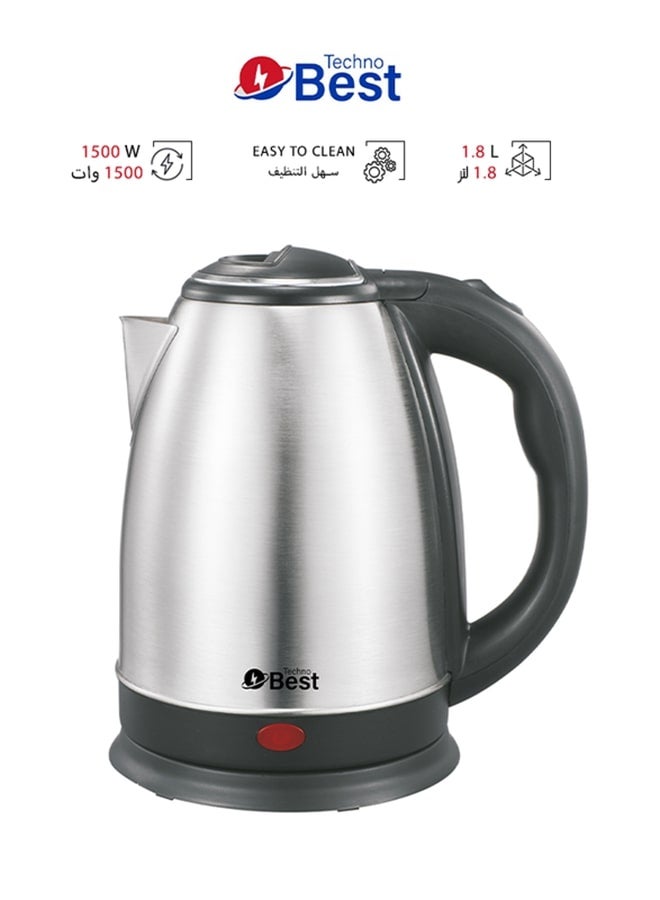 تكنو بيست غلاية كهربائية - ستانلس ستيل 1.8 لتر، 1500 وات BSK-002، فضي - Image 1