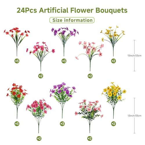 Alupssuc 24 Bundles Artificial Flowers for Outdoors Decoration, UV Resistant Silk Faux Daisy Flora Spring Fake Plastic Plants Greenery for Outside Indoor Yard Home Porch Window Box Decor, Mix 5 Colors - Image 3