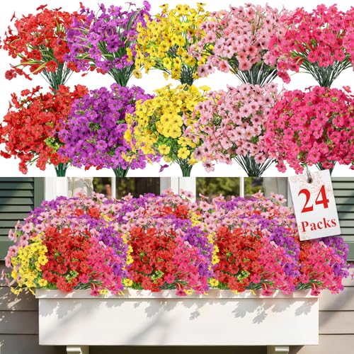 Alupssuc 24 Bundles Artificial Flowers for Outdoors Decoration, UV Resistant Silk Faux Daisy Flora Spring Fake Plastic Plants Greenery for Outside Indoor Yard Home Porch Window Box Decor, Mix 5 Colors - Image 2