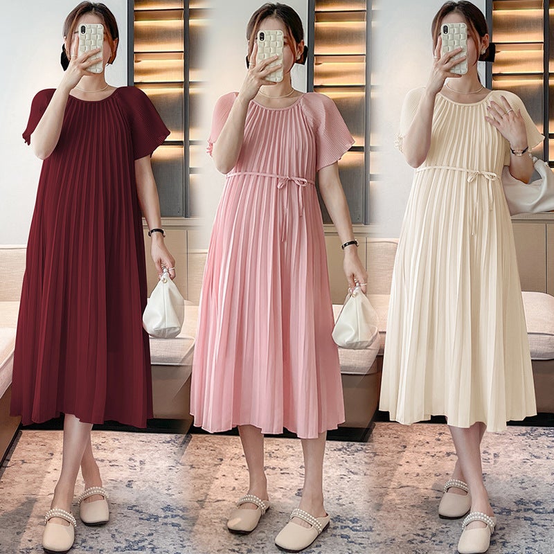 Sweet Maternity Dress 2024 Summer Pleated Mid-Length Wine Red  - Image 1