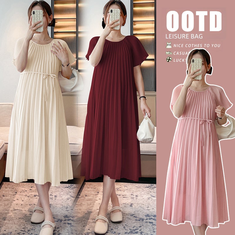 Sweet Maternity Dress 2024 Summer Pleated Mid-Length Wine Red  - Image 2