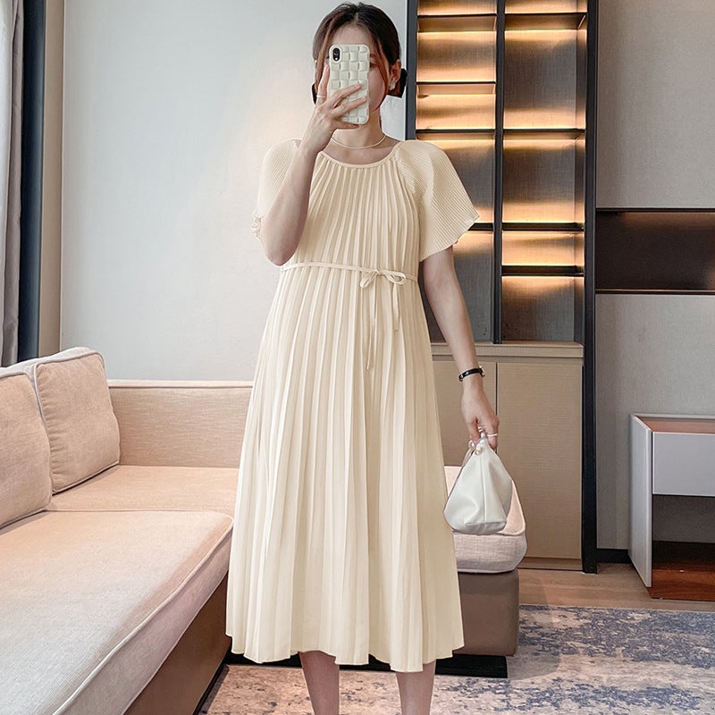 Sweet Maternity Dress 2024 Summer Pleated Mid-Length Wine Red  - Image 4