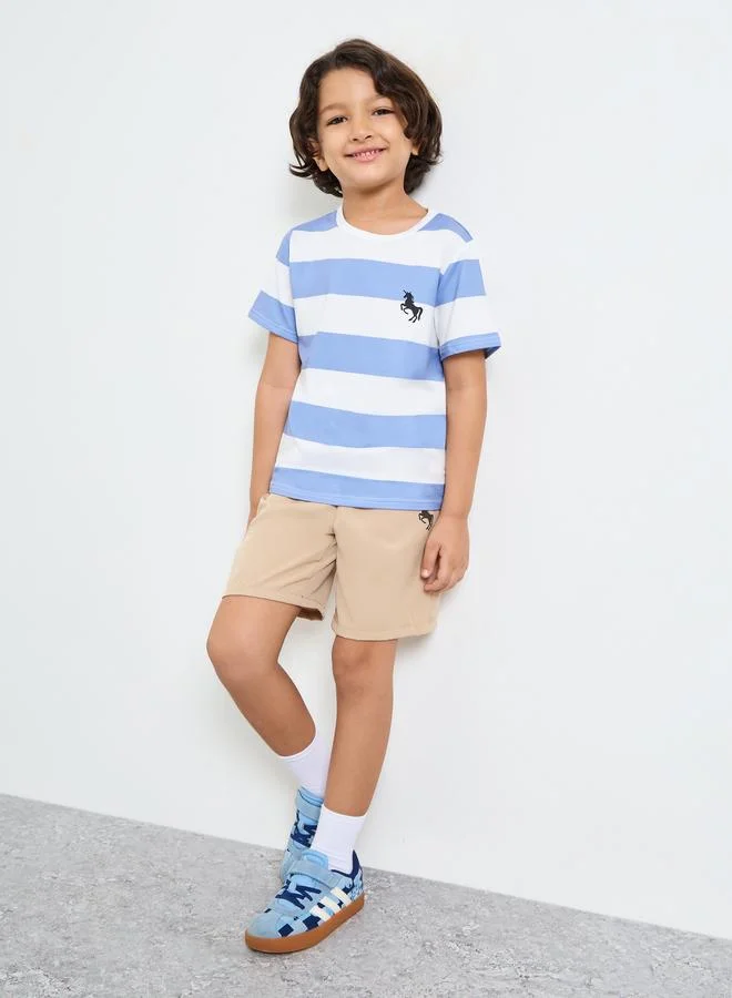 Styli Boys Striped T-Shirt and Solid pull On Shorts Set