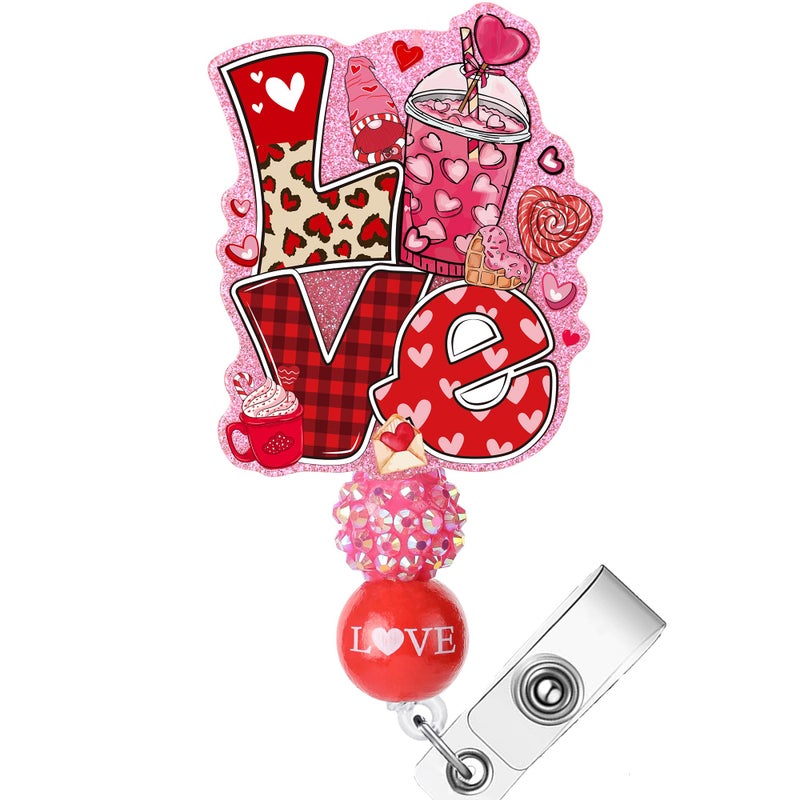 AFRITEE Valentine's Day Love Nurse Badge Reel - Pink ID Badge Holder Holiday Gifts for Women, Acrylic Glitter Gnome Drinks Name Badge Reel with Alligator Clip Valentines Gift for Hospital Nurses - Image 1