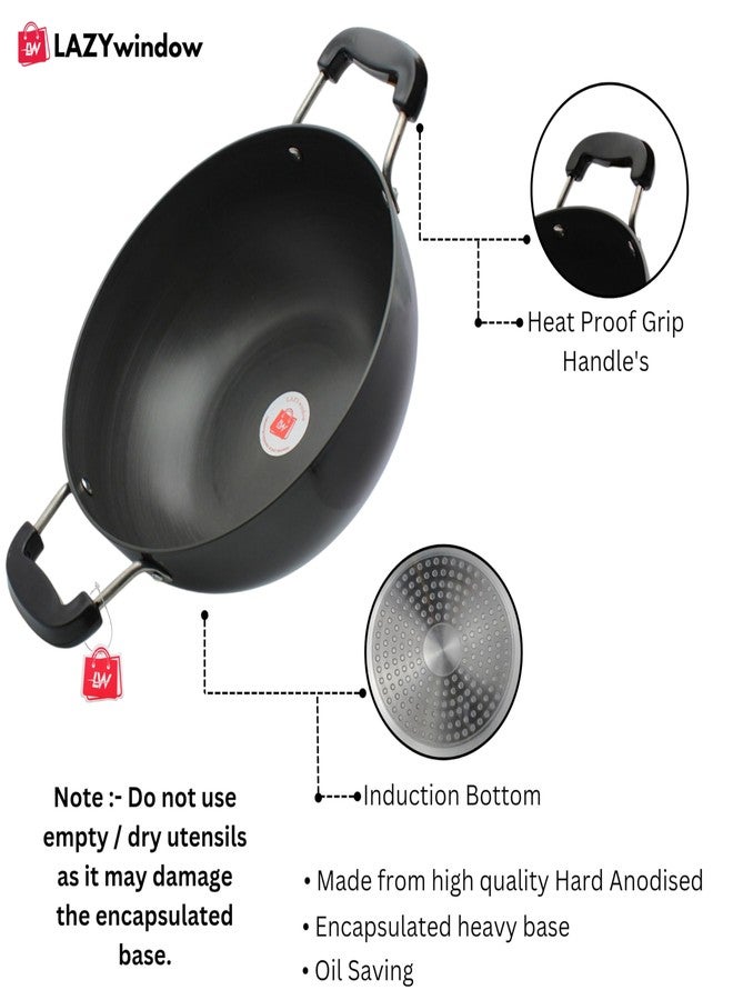 LAZYwindow 3 Litre Hard Anodised Kadhai 25.5cm | Induction Base | Non-Stick Deep Fry Pan | Durable & Long-Lasting | Heavy Duty Kitchen Cookware | Black - Image 3