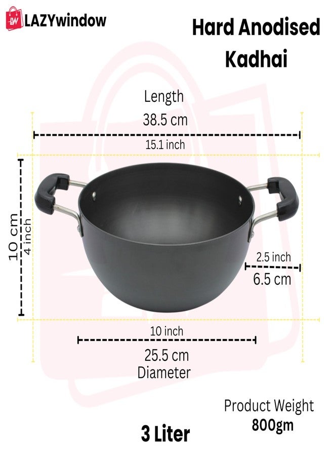 LAZYwindow 3 Litre Hard Anodised Kadhai 25.5cm | Induction Base | Non-Stick Deep Fry Pan | Durable & Long-Lasting | Heavy Duty Kitchen Cookware | Black - Image 4